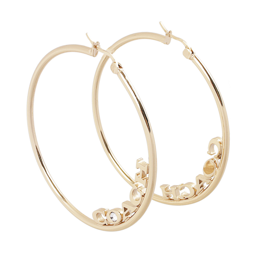 【COACH 】Logo 標誌及水鑽中型圓弧針式耳環(金色) C9111 GLD