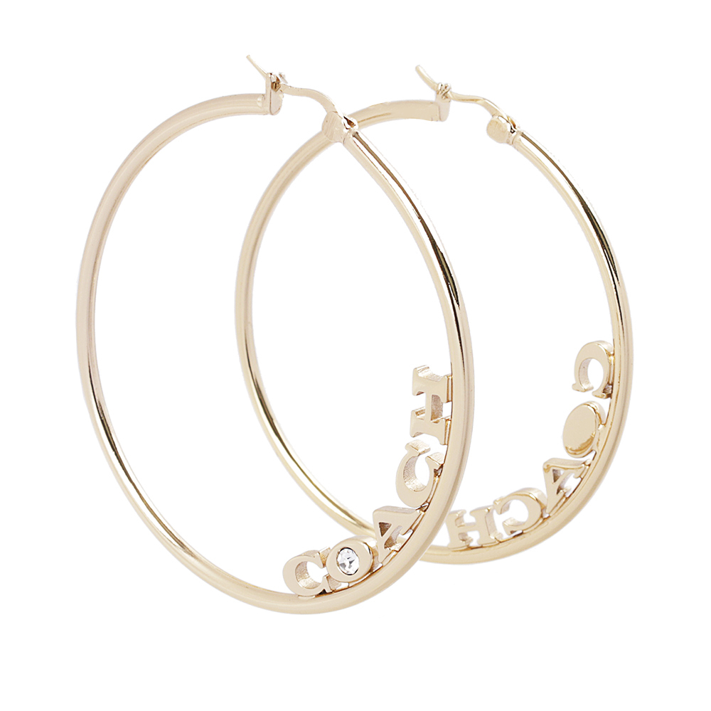 【COACH 】Logo 標誌及水鑽中型圓弧針式耳環(金色) C9111 GLD