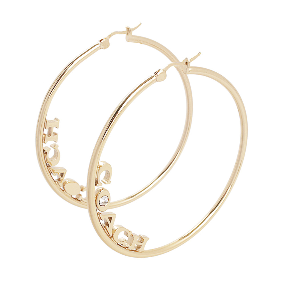 【COACH 】Logo 標誌及水鑽中型圓弧針式耳環(金色) C9111 GLD