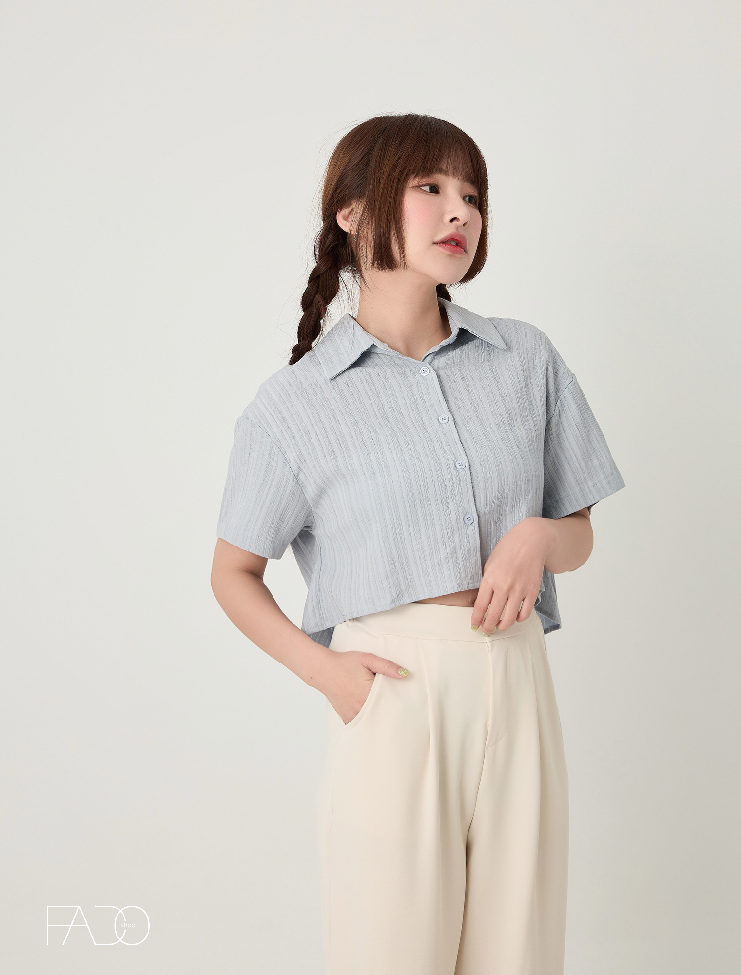 法朵Fado shop｜壓紋前短短版襯衫 372B018 五色