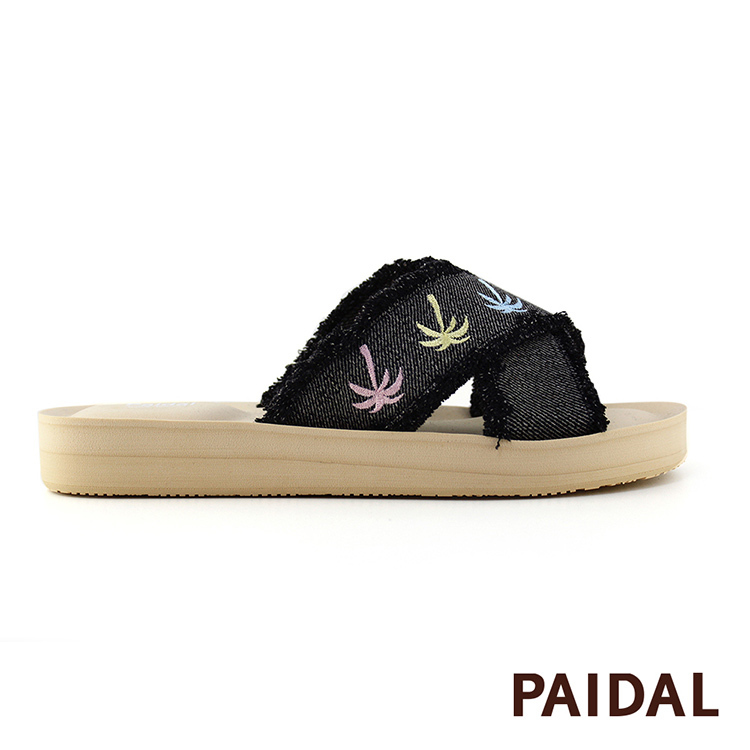 Paidal 渡假椰子樹刷白牛仔交叉款厚底氣墊拖鞋-黑