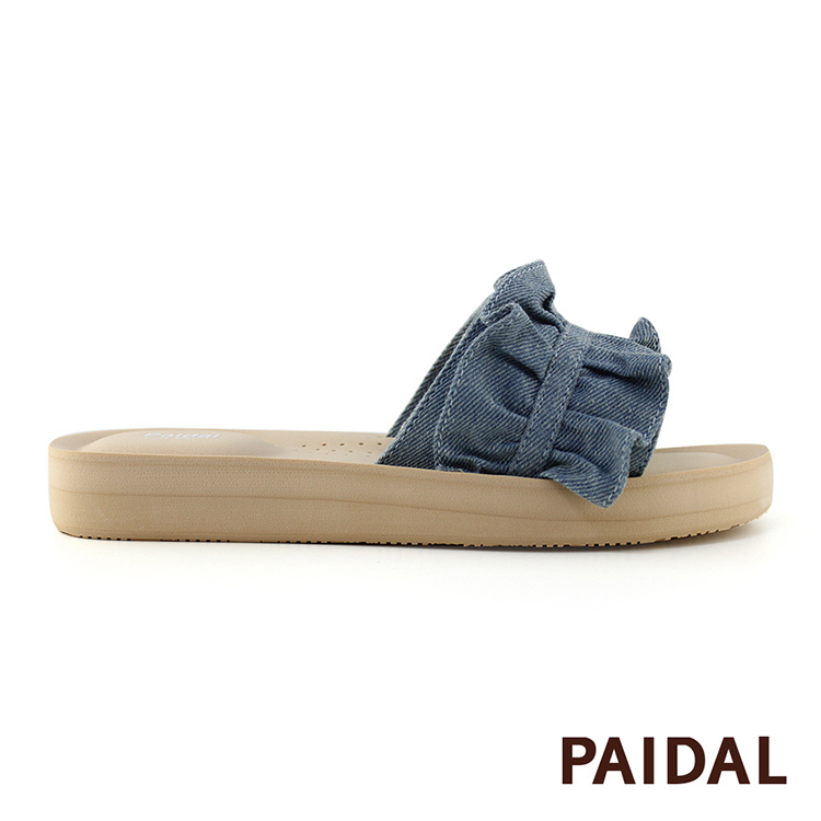Paidal 荷葉牛仔厚底一片式美型涼拖鞋-牛仔藍
