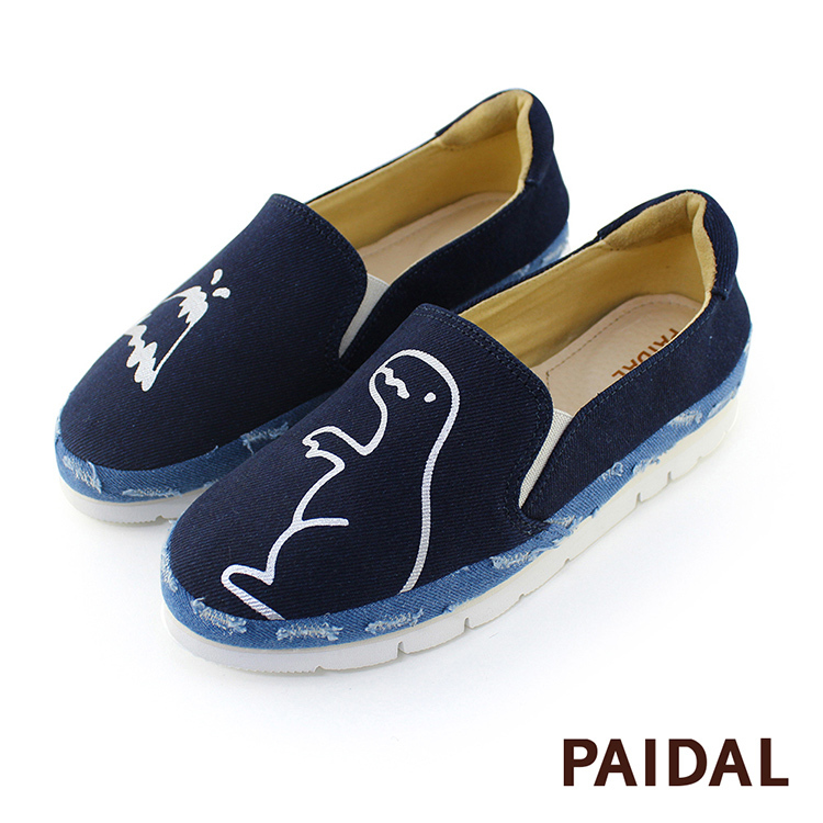 Paidal 恐龍拼接不彎腰微厚底休閒樂福鞋懶人鞋-丈青