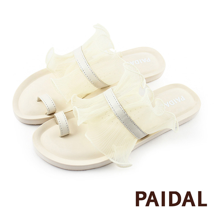 Paidal 翻滾蕾絲裸感拖鞋涼鞋-雪紗白