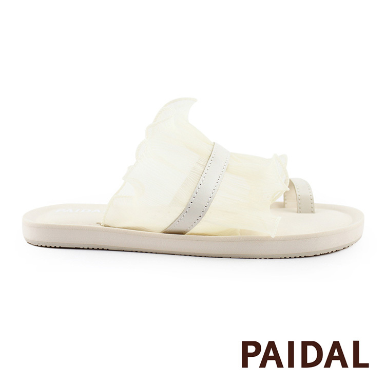 Paidal 翻滾蕾絲裸感拖鞋涼鞋-雪紗白