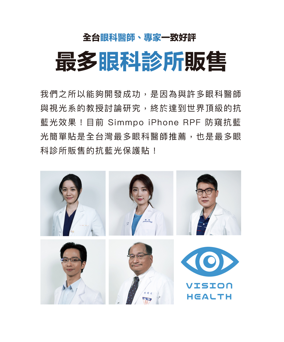 我們之所以能夠開發成功，是因為與許多眼科醫師與視光系的教授討論研究，終於達到世界頂級的抗藍光效果！目前 Simmpo iPhone RPF 防窺抗藍光簡單貼是全台灣最多眼科醫師推薦，也是最多眼科診所販售的抗藍光保護貼！