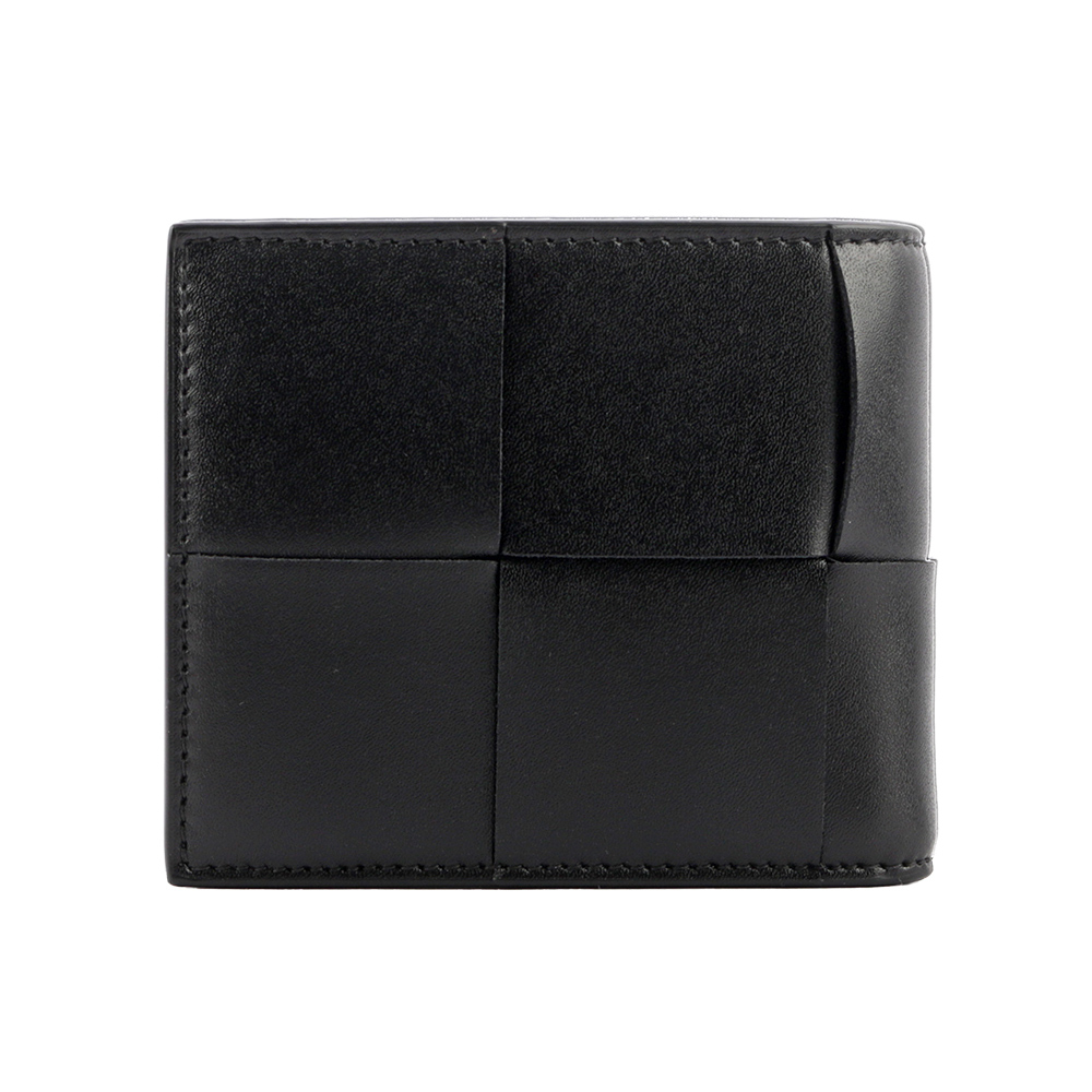 【BOTTEGA VENETA】新款小牛皮大格編織對開零錢袋短夾(黑色) 649605 VBWD2 8803