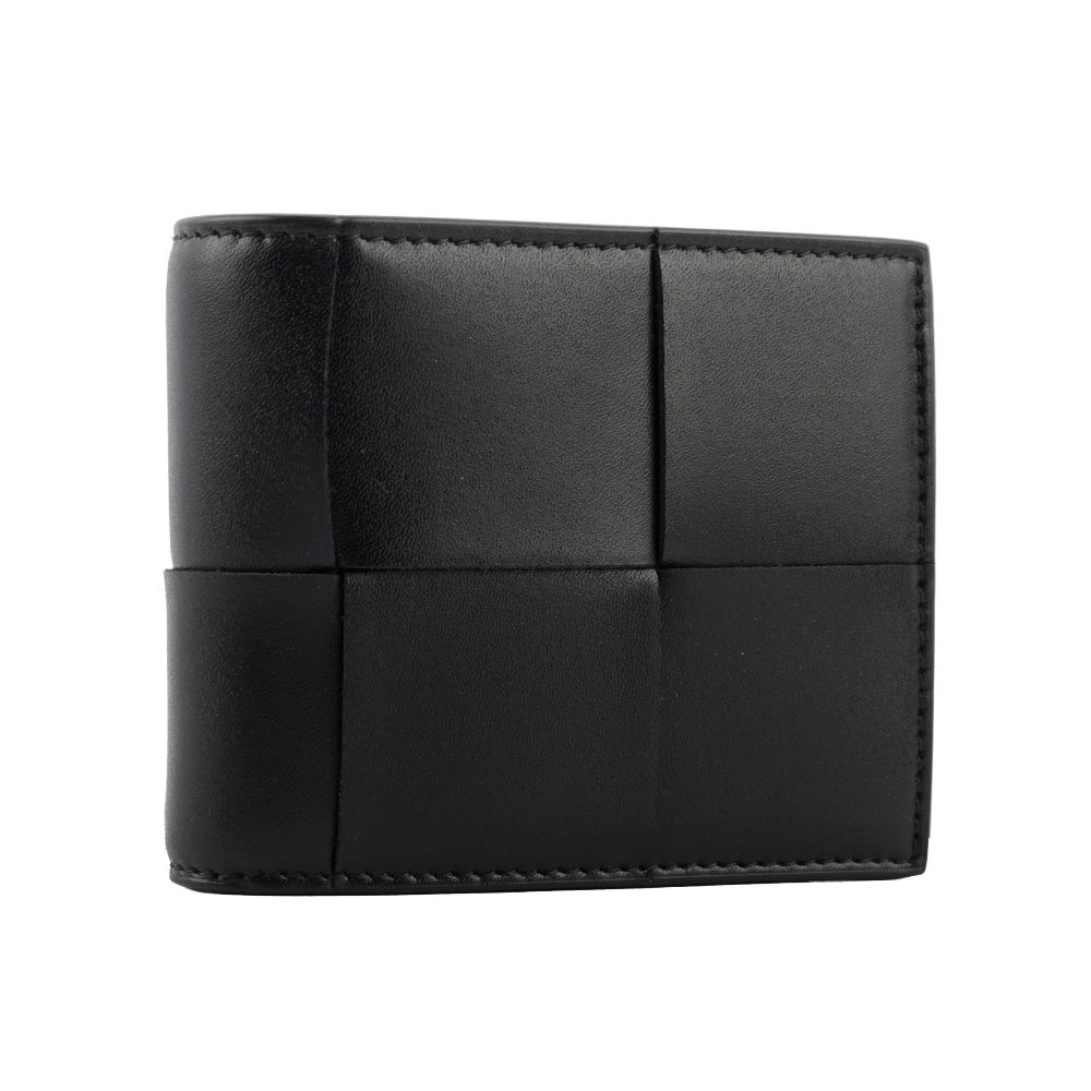 【BOTTEGA VENETA】新款小牛皮大格編織對開零錢袋短夾(黑色) 649605 VBWD2 8803