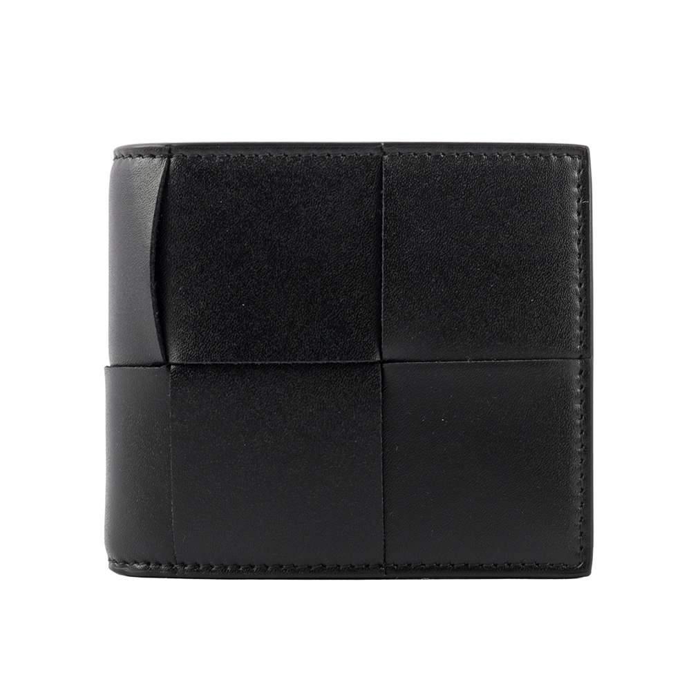 【BOTTEGA VENETA】新款小牛皮大格編織對開零錢袋短夾(黑色) 649605 VBWD2 8803