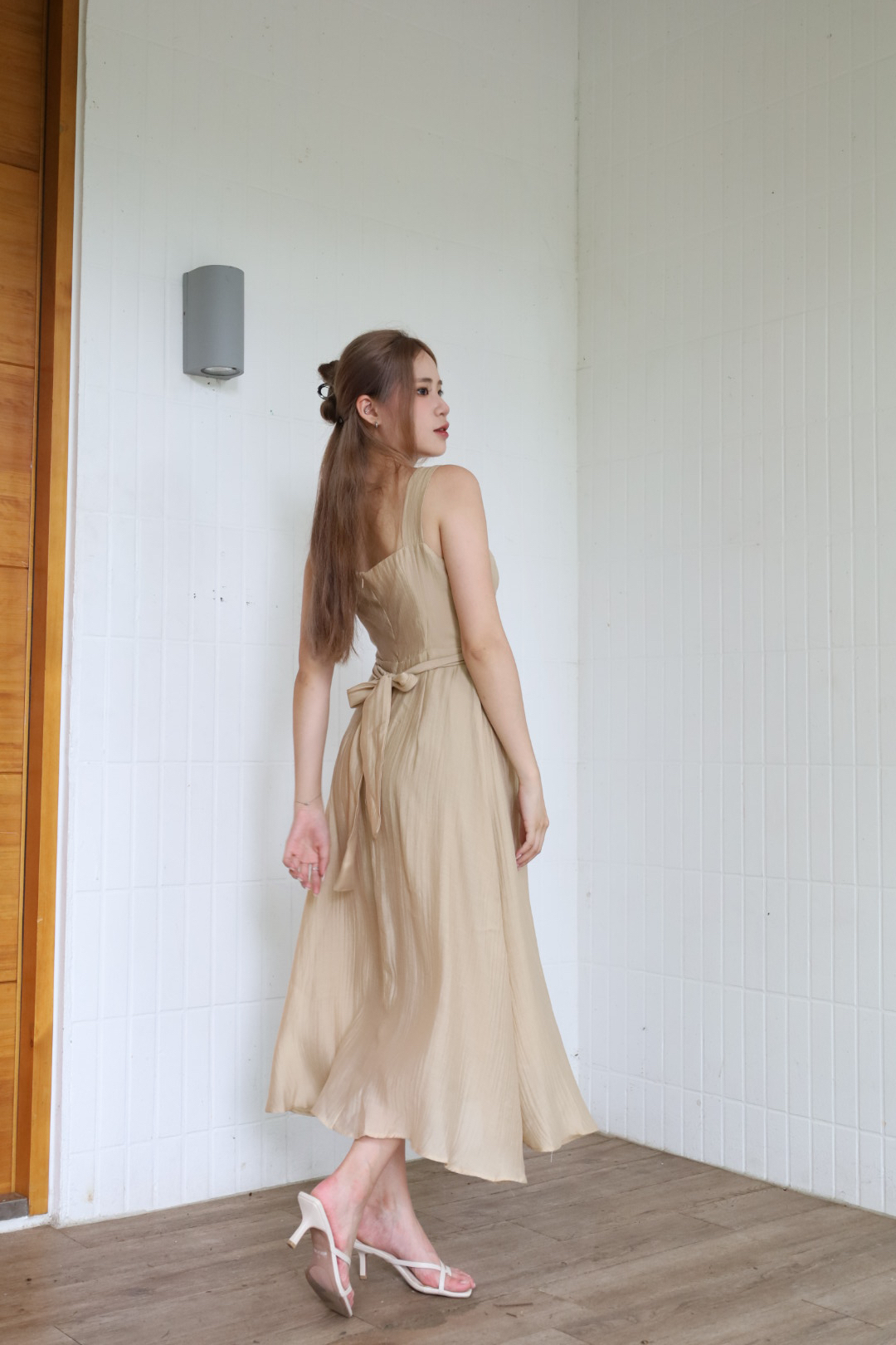氣質削肩綁帶雪紡長裙
