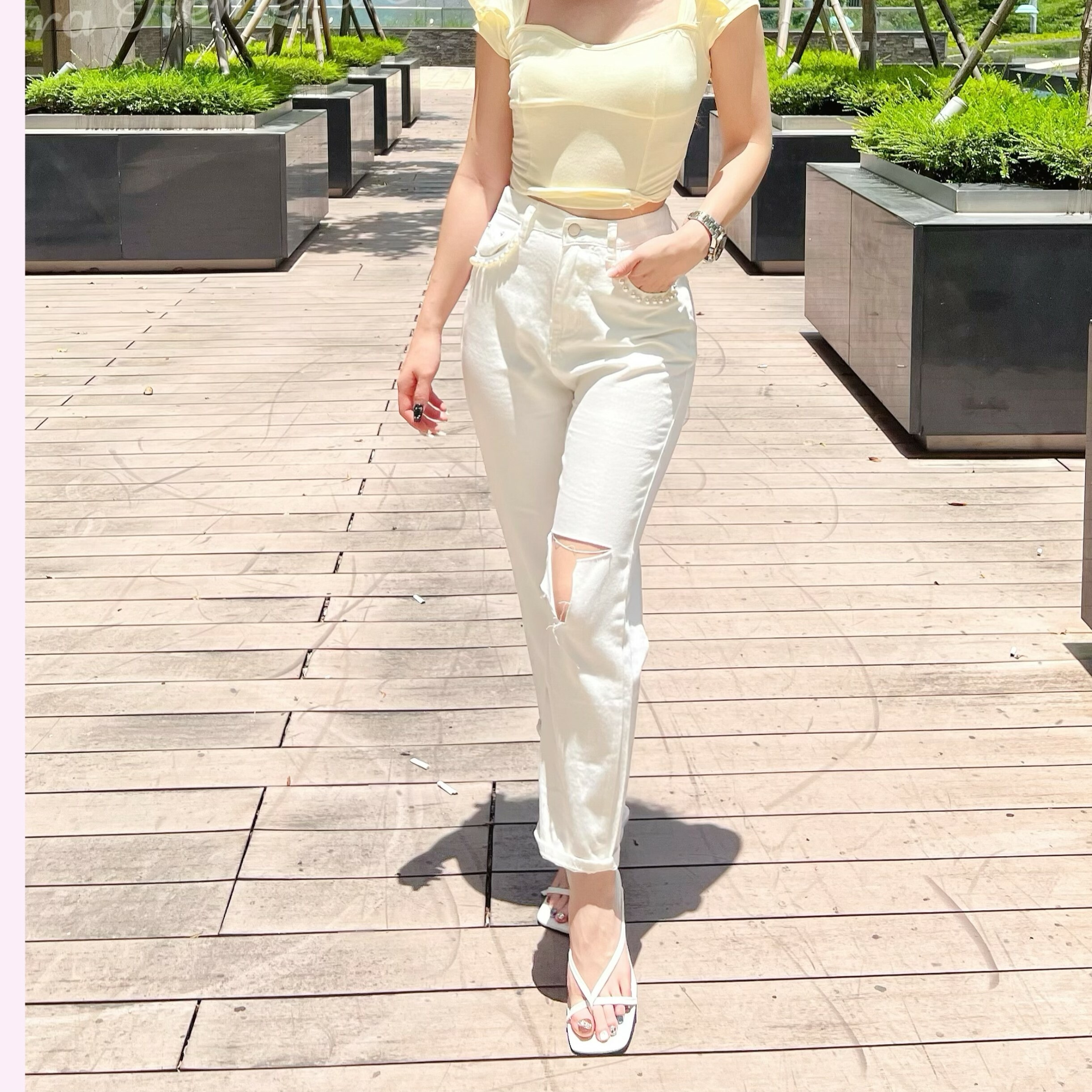 PT23S0811 白色珠珠直身牛仔褲