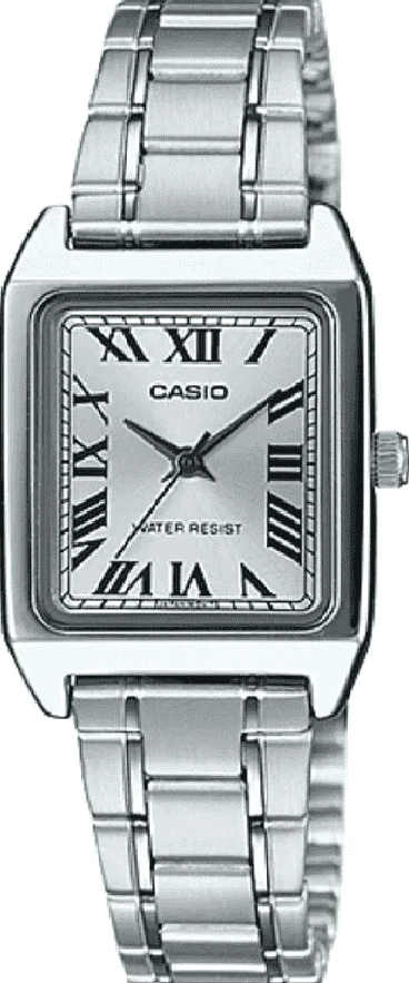 萬年鐘錶 - CASIO  簡單俐落羅馬字小巧方形不鏽鋼女錶 LTP-V007D-7B 錶徑22MM