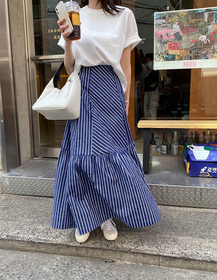 LYS-<現貨> 氣質拼接條紋A字裙