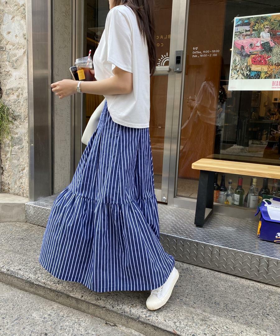 LYS-<現貨> 氣質拼接條紋A字裙