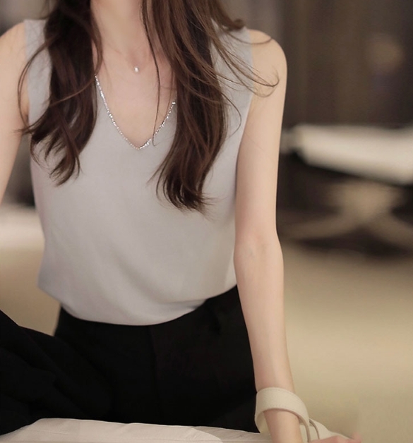 涼感冰絲 鑽飾背心上衣(灰/白/黑)