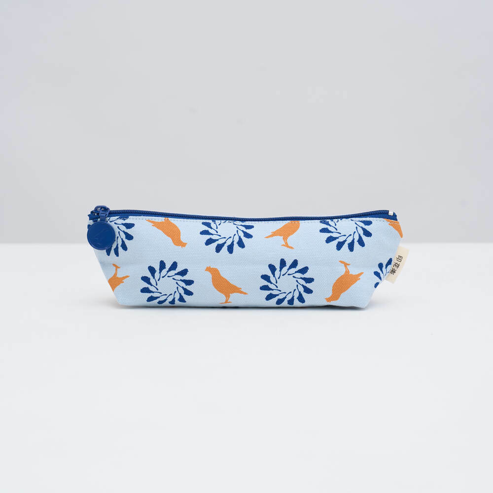 Pencil Case/Crested Myna/Black Drongo Circles/Pastel Blue