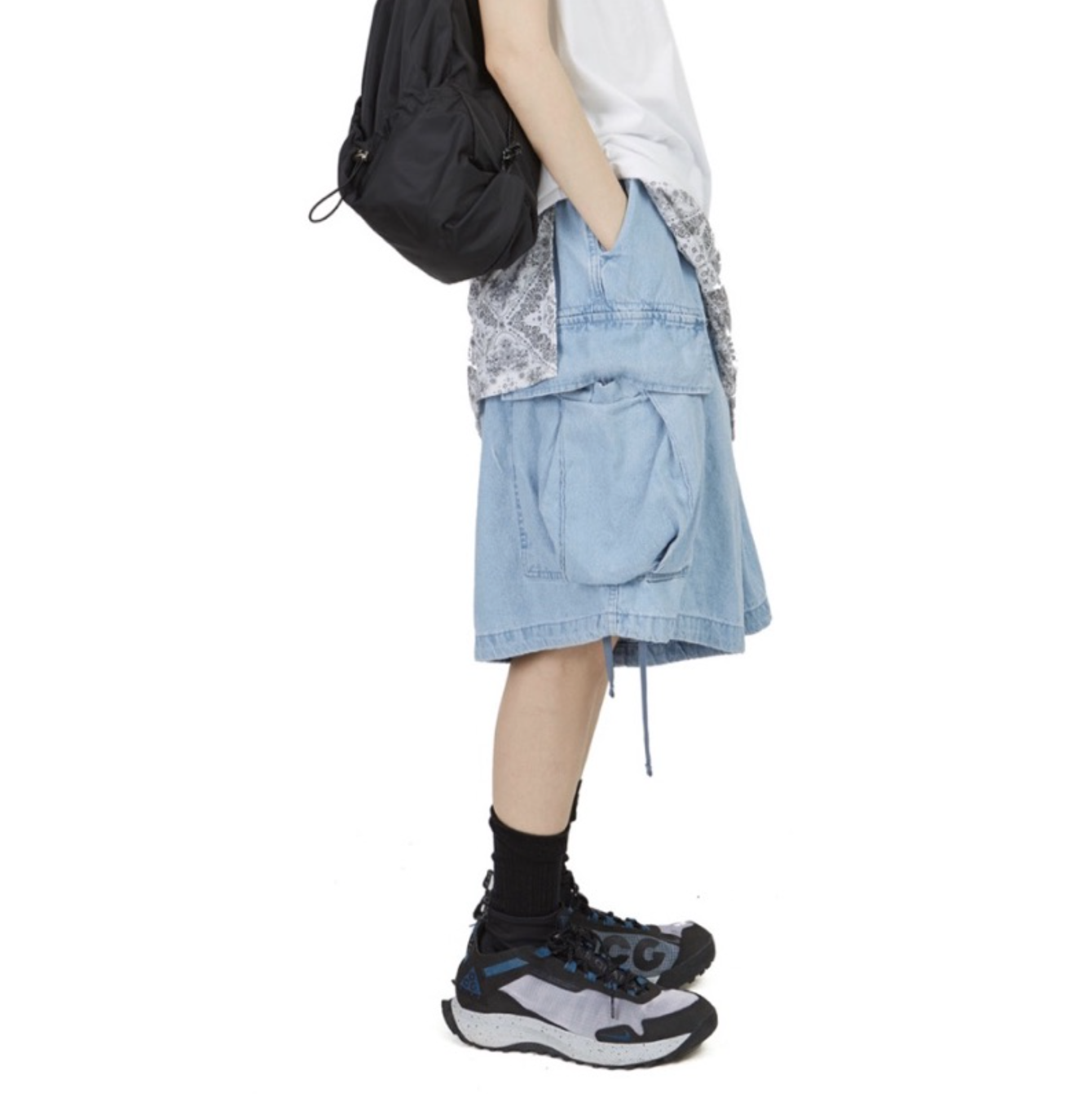 韓國 Raucohouse 寬口 大口袋 仿舊 牛仔短褲 短褲 牛仔褲