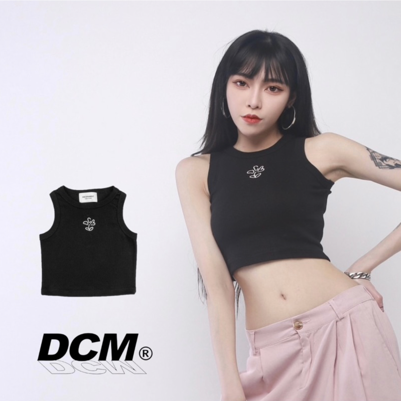 DISCERNMENT DCM Y2K 小花刺繡 削肩背心 短版 修身 夏日 背心