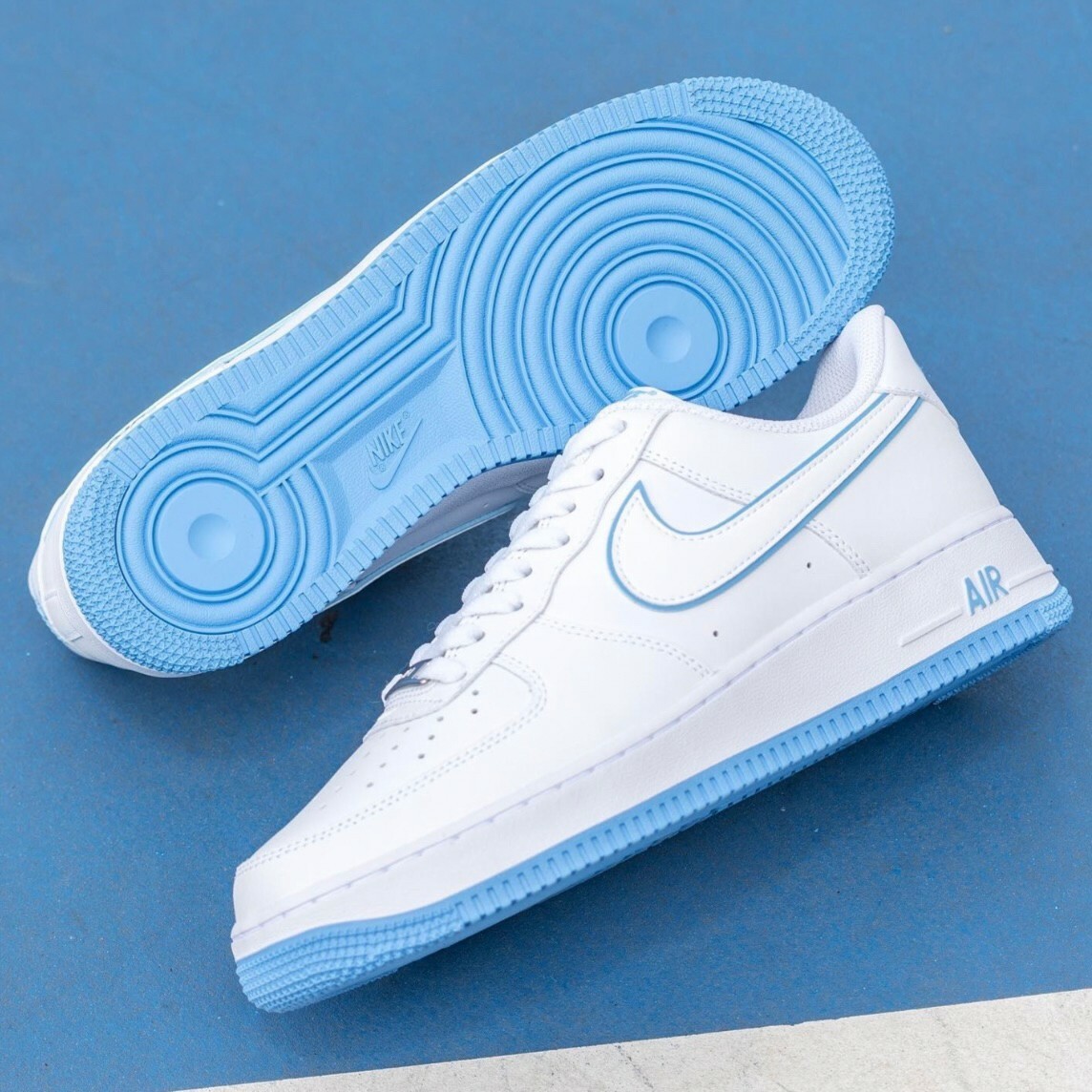 Nike Air Force 1 University Blue 全白 滾邊 天空藍 大學藍 皮革 低筒 休閒鞋 運動鞋