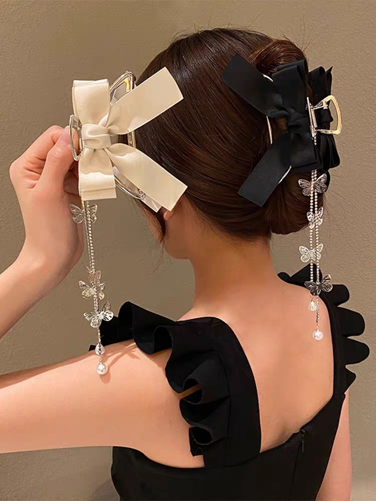 Monochrome Bow Silver Butterfly Chain Tassel Hair Claw