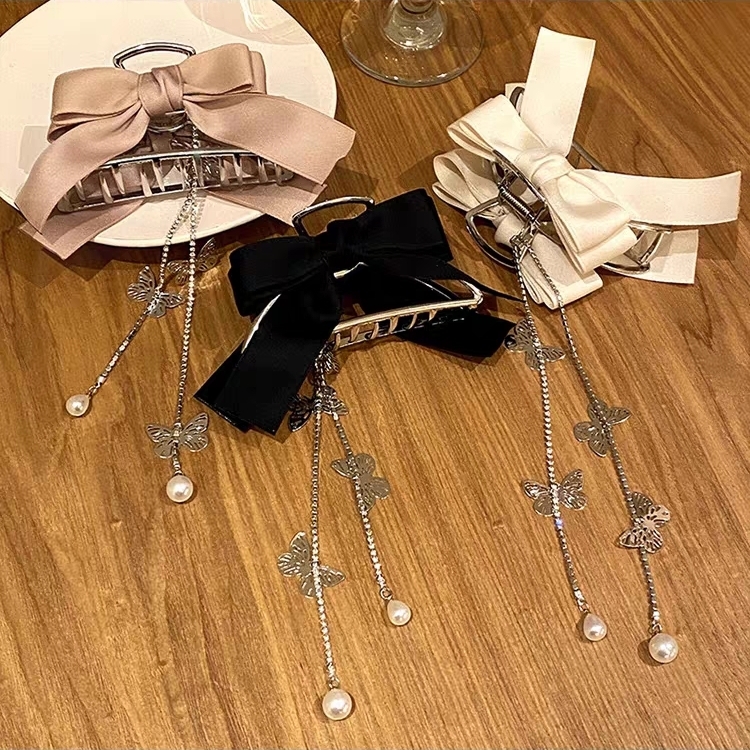 Monochrome Bow Silver Butterfly Chain Tassel Hair Claw