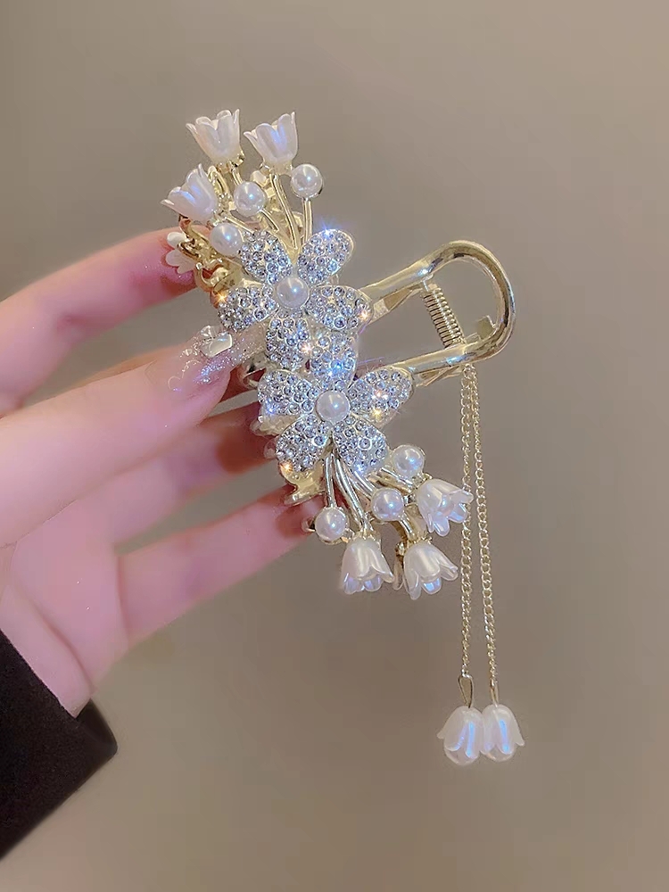 Floral Rhinestone Tassel Metal Hair Claw
