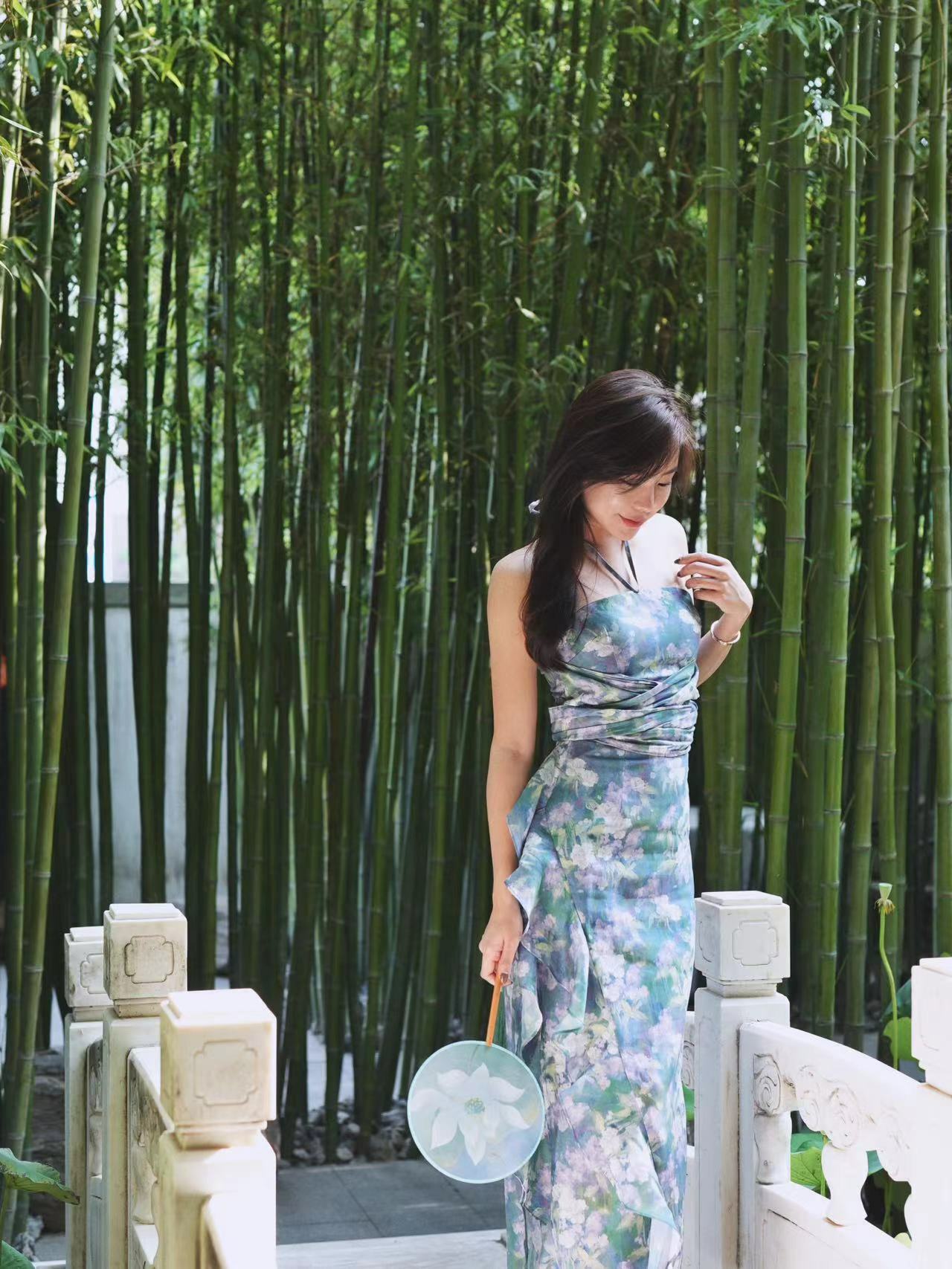 Oil painting 油畫 平口綁帶印花長洋裝