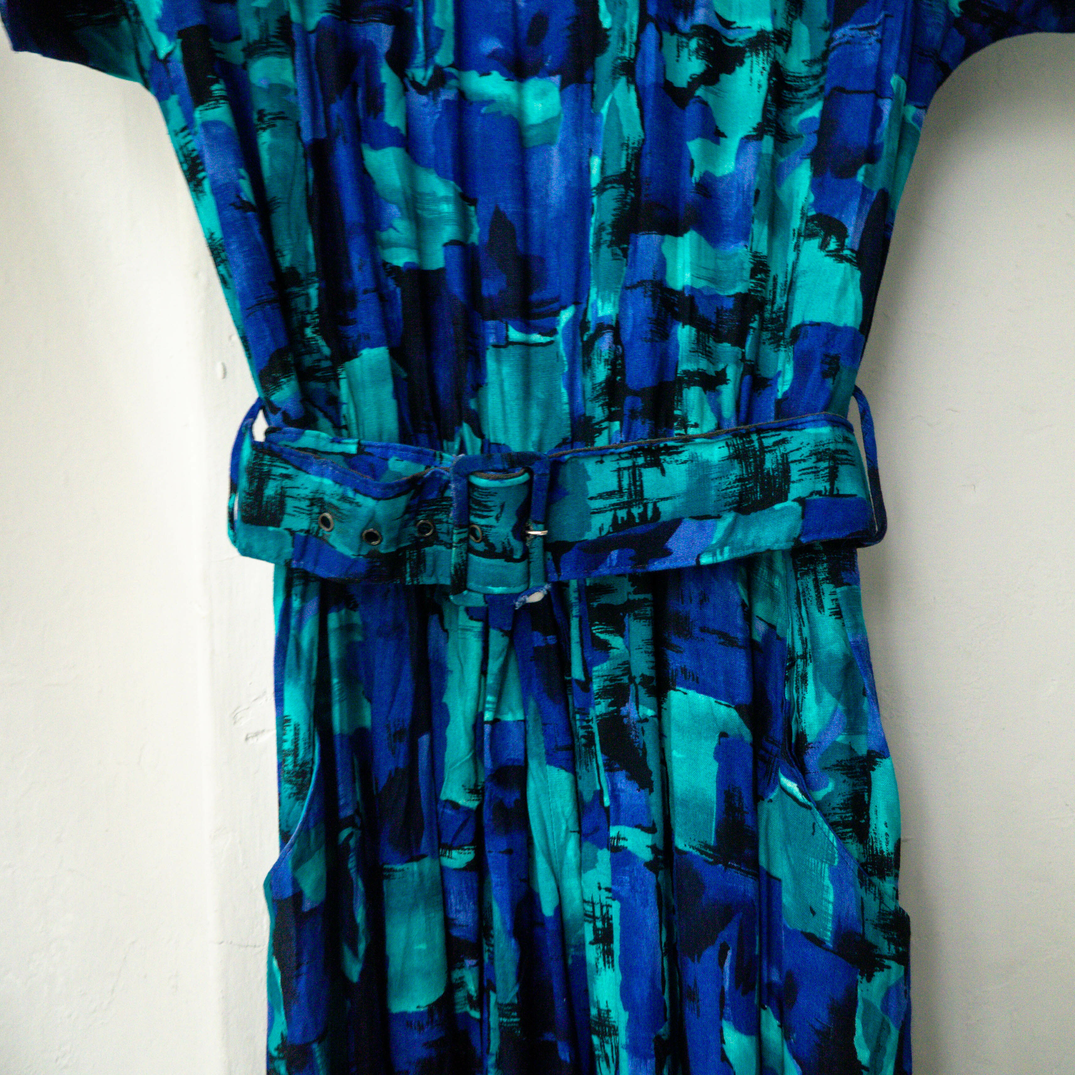 VINTAGE LONG DRESS 美國製 藍色 嫘縈 印花 打褶 腰帶 短袖 長版 長洋裝