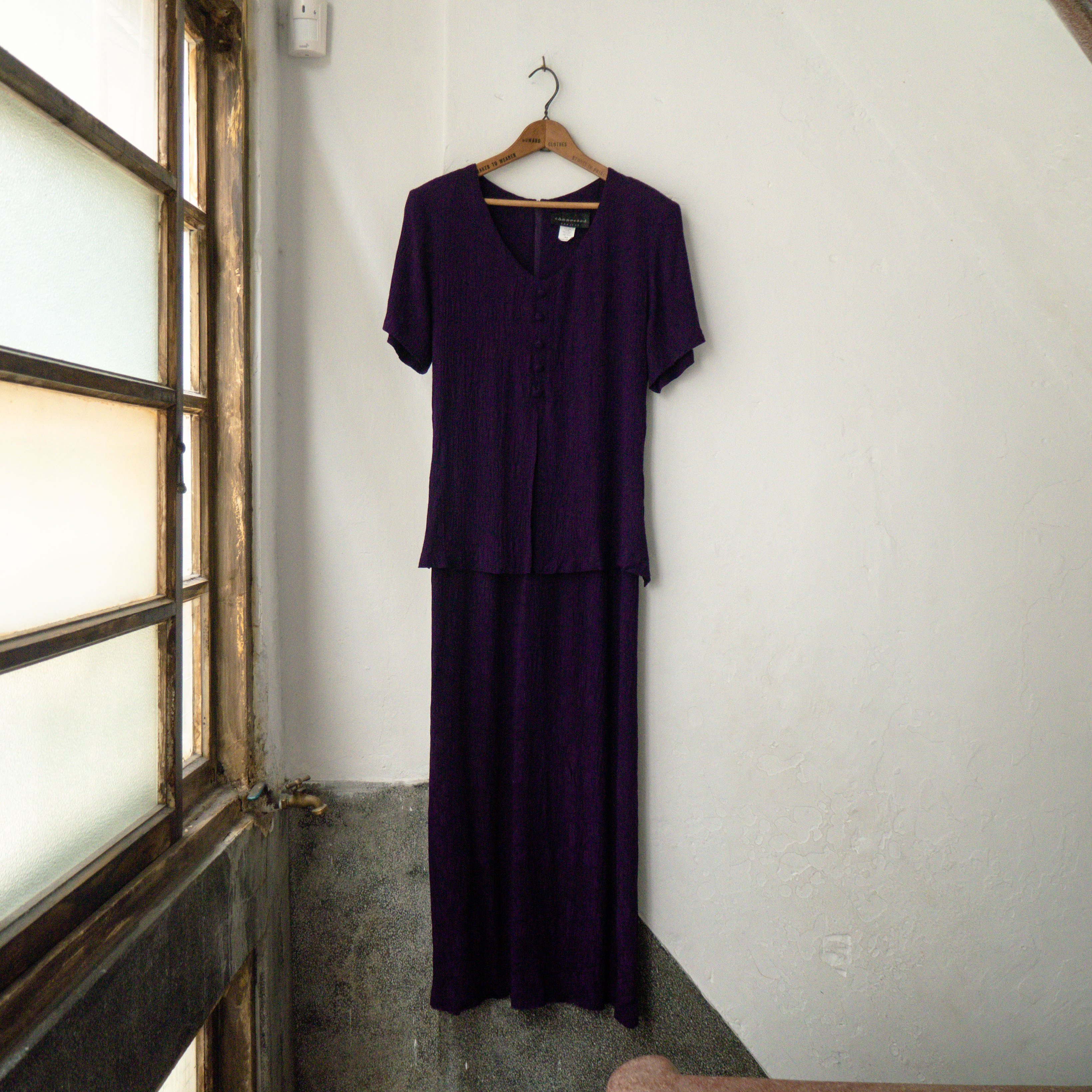 VINTAGE LONG DRESS 美國 紫色 紗質 抓皺 短袖 長版 長洋裝