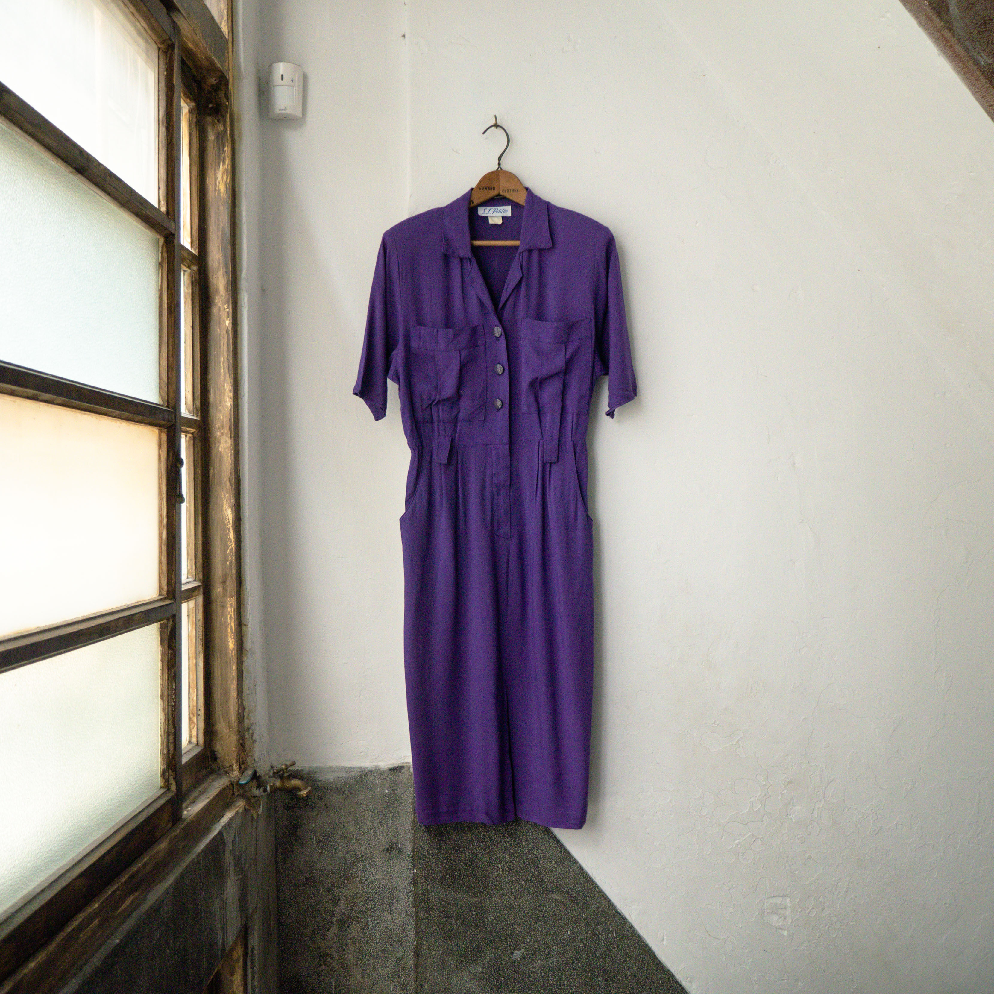 VINTAGE LONG DRESS 美國製 紫色 嫘縈 素面 打褶 襯衫裙 短袖 長版 長洋裝