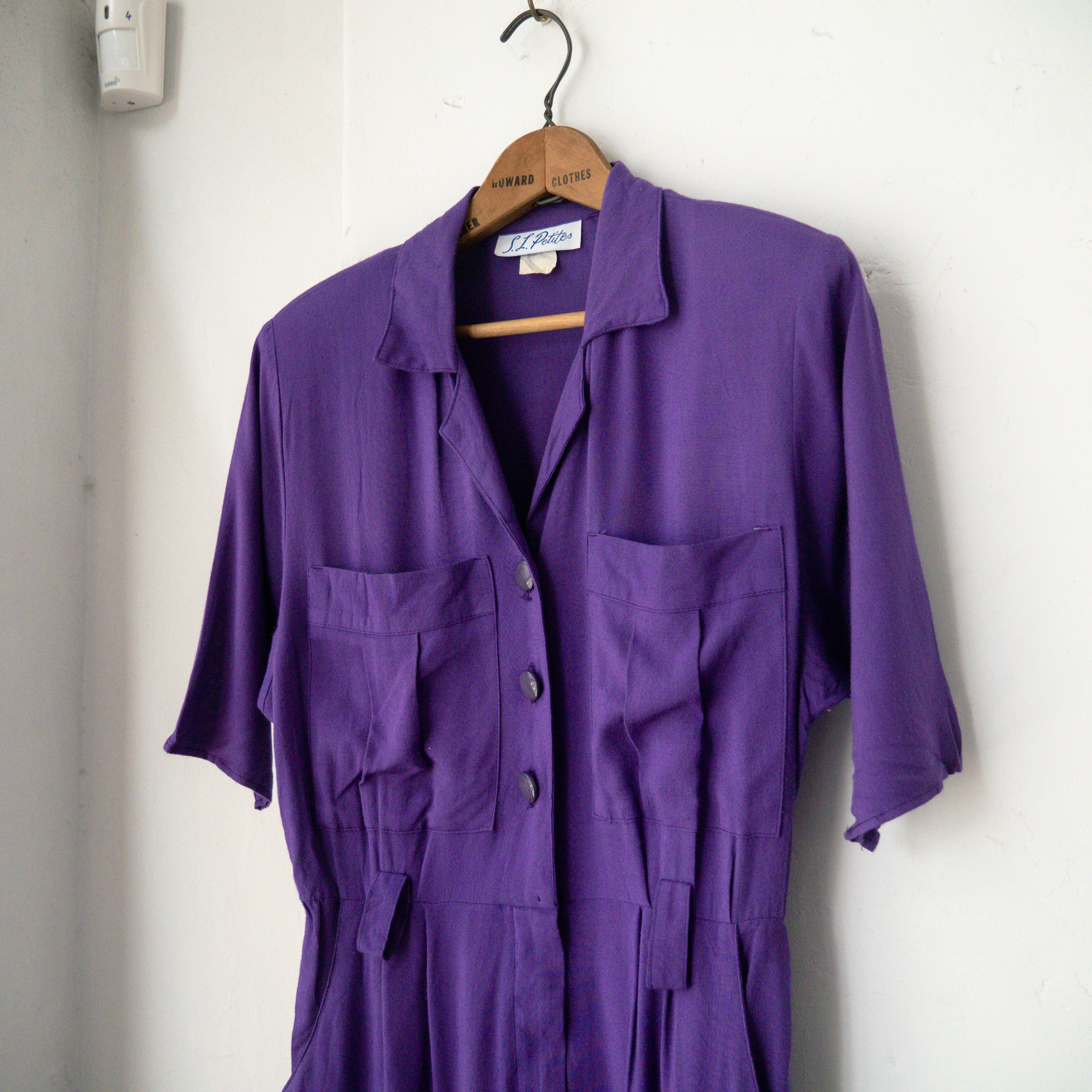 VINTAGE LONG DRESS 美國製 紫色 嫘縈 素面 打褶 襯衫裙 短袖 長版 長洋裝