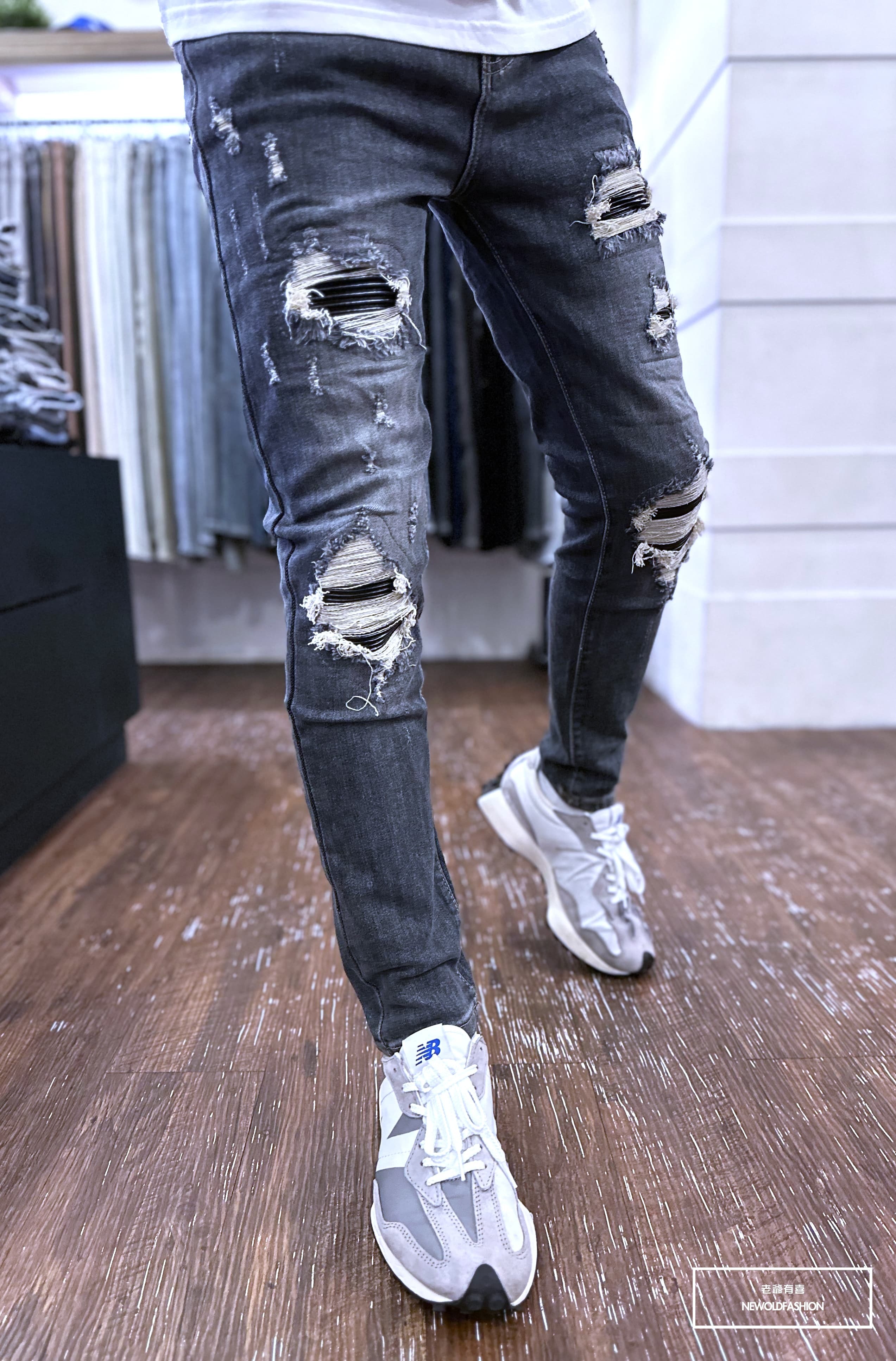 『新品上市』重磅五洞皮革機車補丁小直筒(NOF23085022)