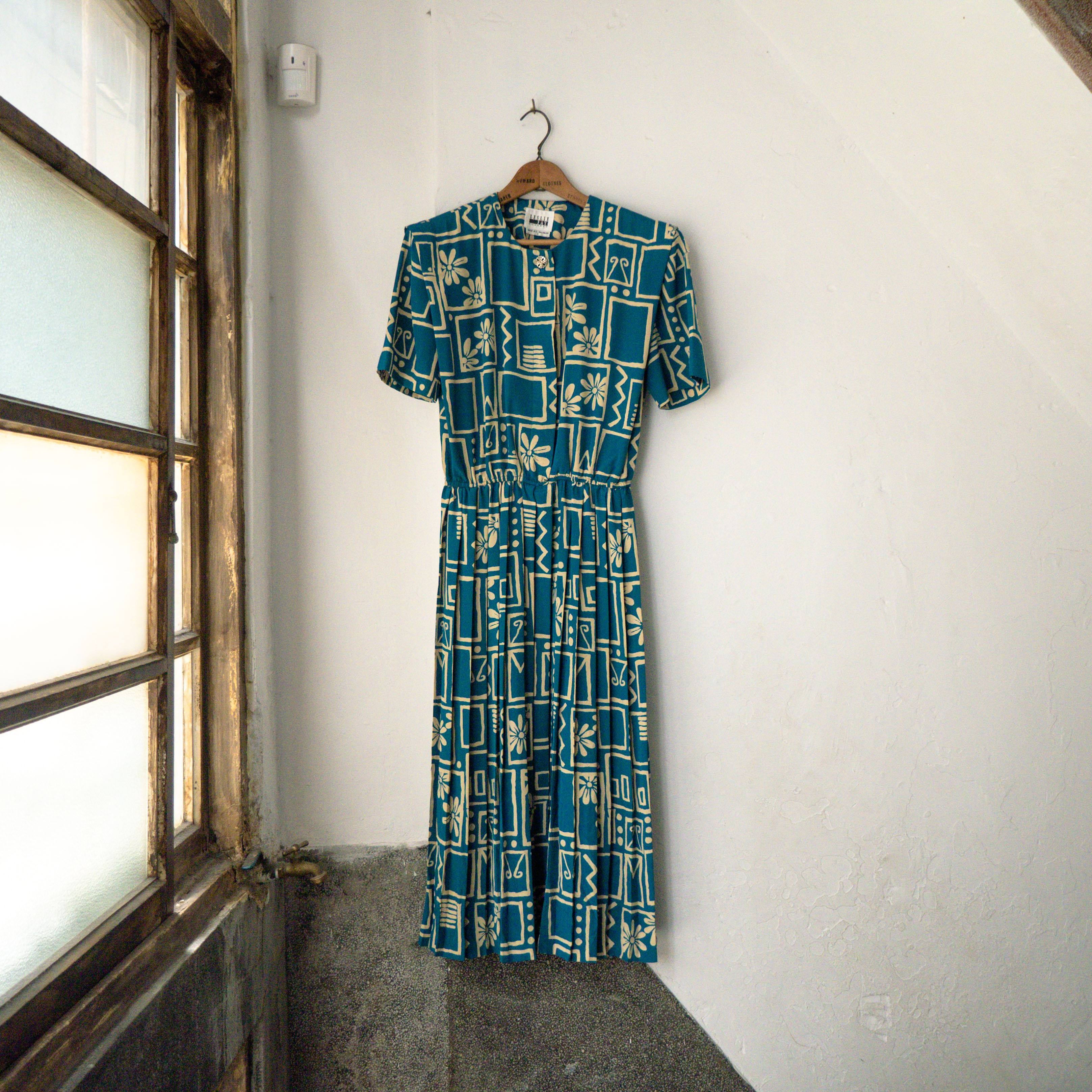 VINTAGE LONG DRESS 美國 藍色 嫘縈 印花 打褶 無領 短袖 連身裙 長版 長洋裝
