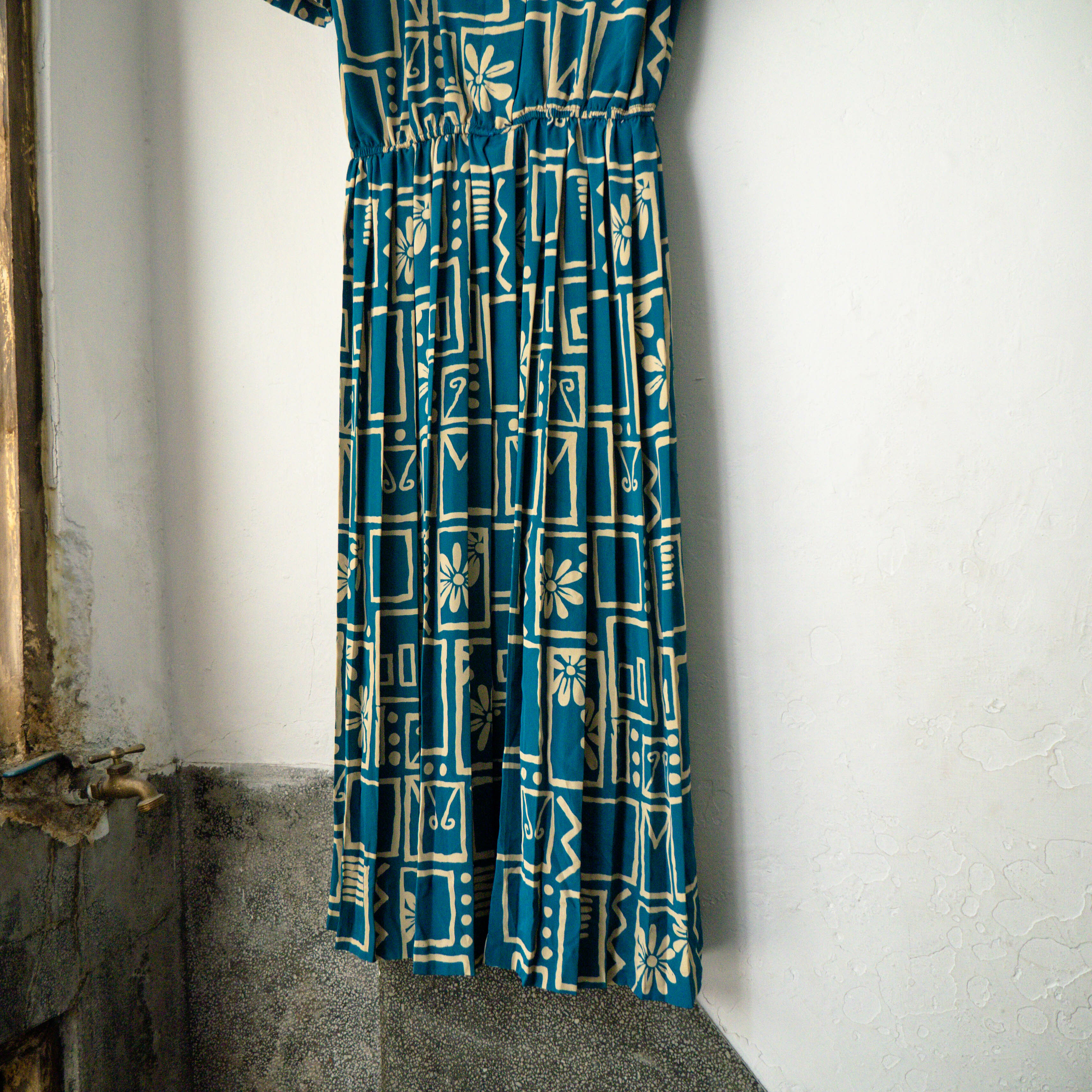 VINTAGE LONG DRESS 美國 藍色 嫘縈 印花 打褶 無領 短袖 連身裙 長版 長洋裝