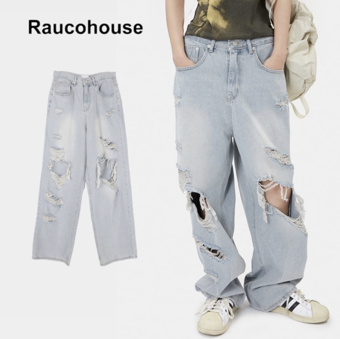 韓國 Raucohouse 淺水洗大破壞水洗寬版牛仔褲 落地 街頭 大破壞 牛仔褲 牛仔長褲 落地褲