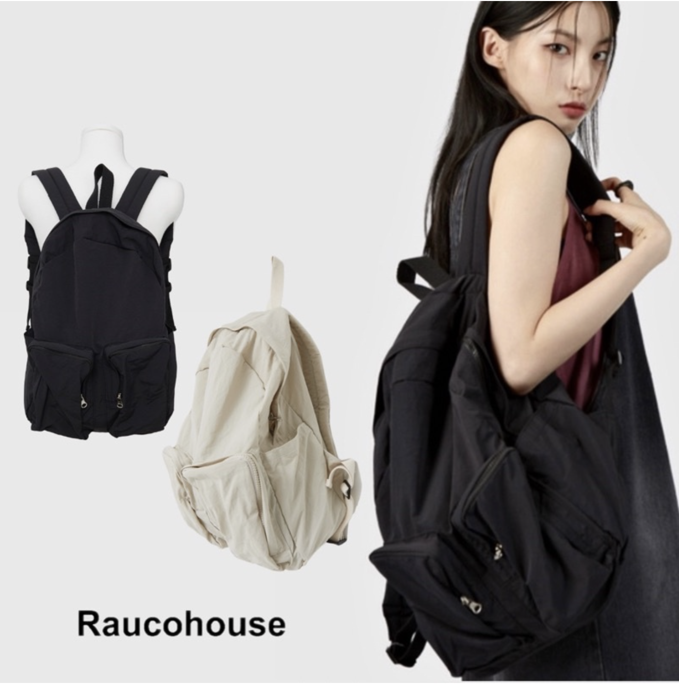 🇰🇷RAUCOHOUSE 造型雙袋尼龍後背包 休閒 日常 實用 背包 後背包