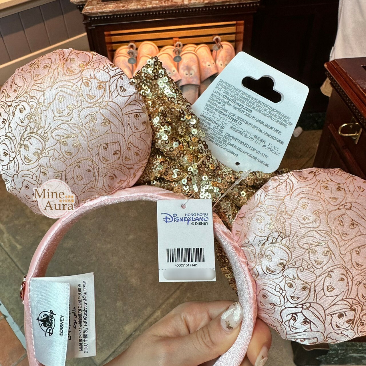 公主系列 Princess Line 金色亮片蝴蝶結 米奇耳朵造型 滿版圖案 髮圈 髮箍 -香港迪士尼樂園