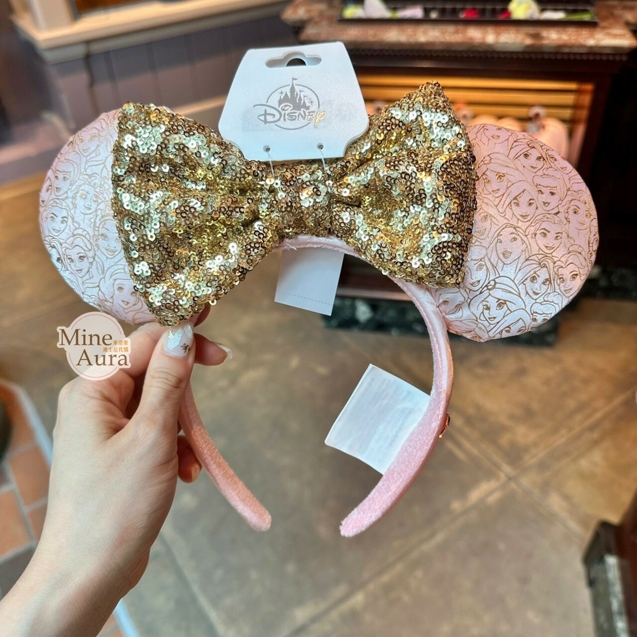 公主系列 Princess Line 金色亮片蝴蝶結 米奇耳朵造型 滿版圖案 髮圈 髮箍 -香港迪士尼樂園