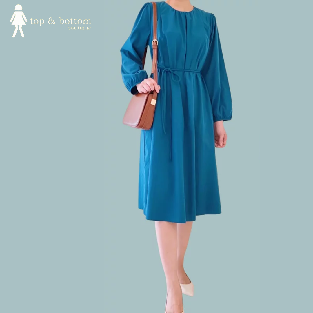 LONG SLEEVE TIE WAISTED COTTON LONG DRESS
