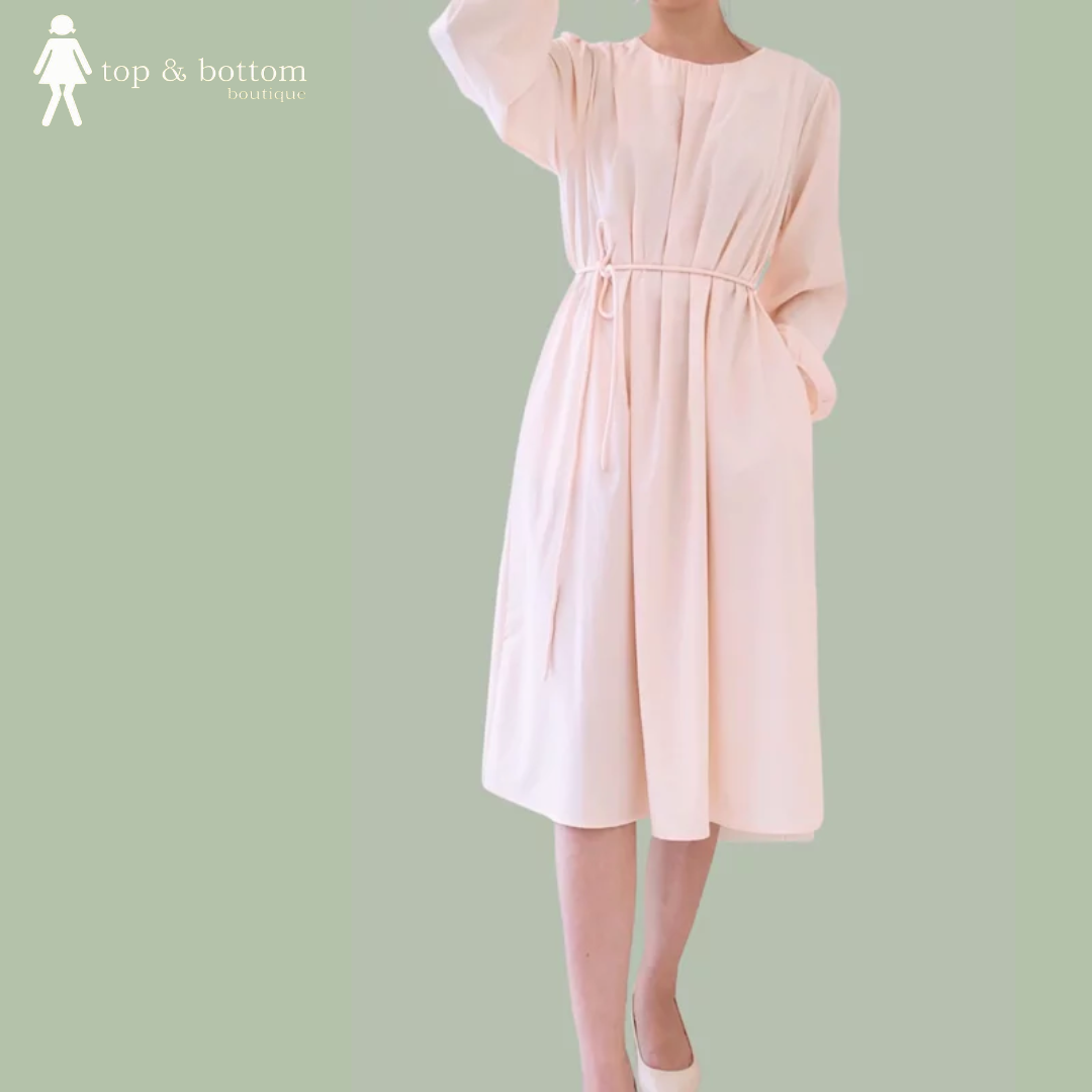 LONG SLEEVE TIE WAISTED COTTON LONG DRESS