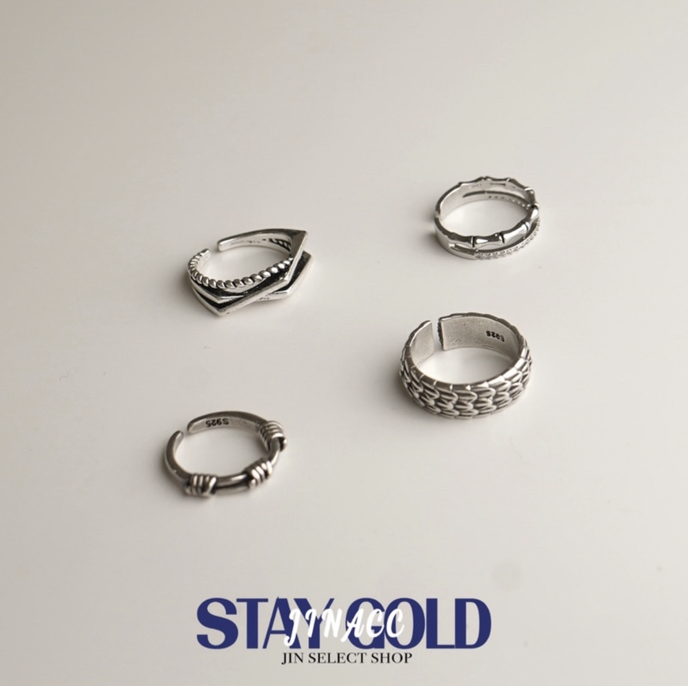 JIN ACC （8月新款）可調戒圍 925銀 飾品 幾何交叉 打結 龍鱗 水鑽 竹節 造型戒指