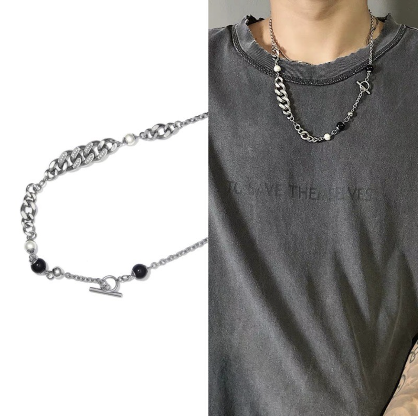 JIN ACC 盒裝平價飾品 解構式 珍珠 水鑽 古巴 長串珠 水鑽 拼接 不規則 十字扣項鍊