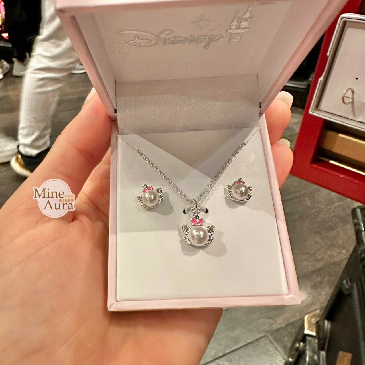 瑪莉貓 Marie 大頭珍珠設計 項鍊 + 耳環 組 (盒裝) 貓兒歷險記 The Aristocats -香港迪士尼樂園