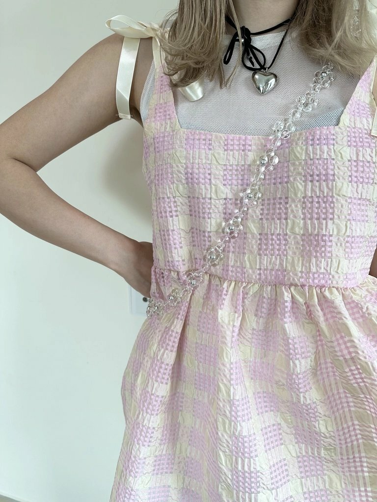 RESTOCK[兩色] 雙蝴蝶拼色格仔布傘傘vest ( pink)