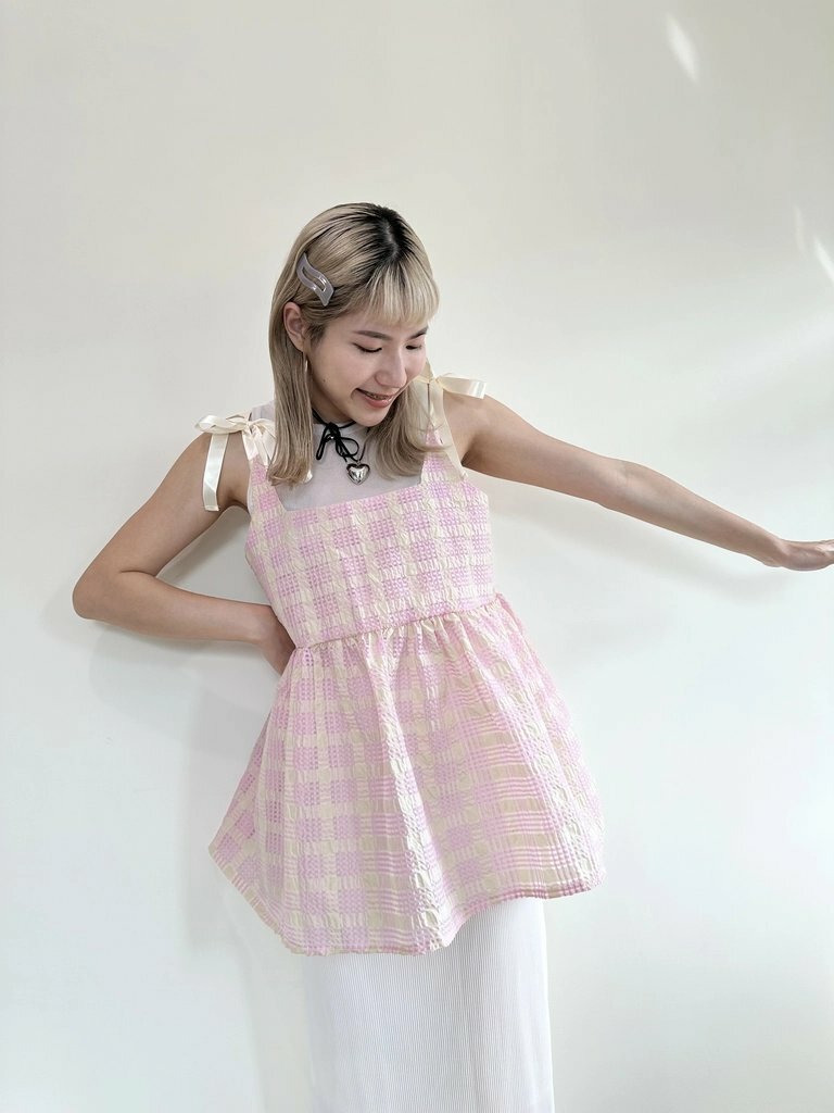 RESTOCK[兩色] 雙蝴蝶拼色格仔布傘傘vest ( pink)