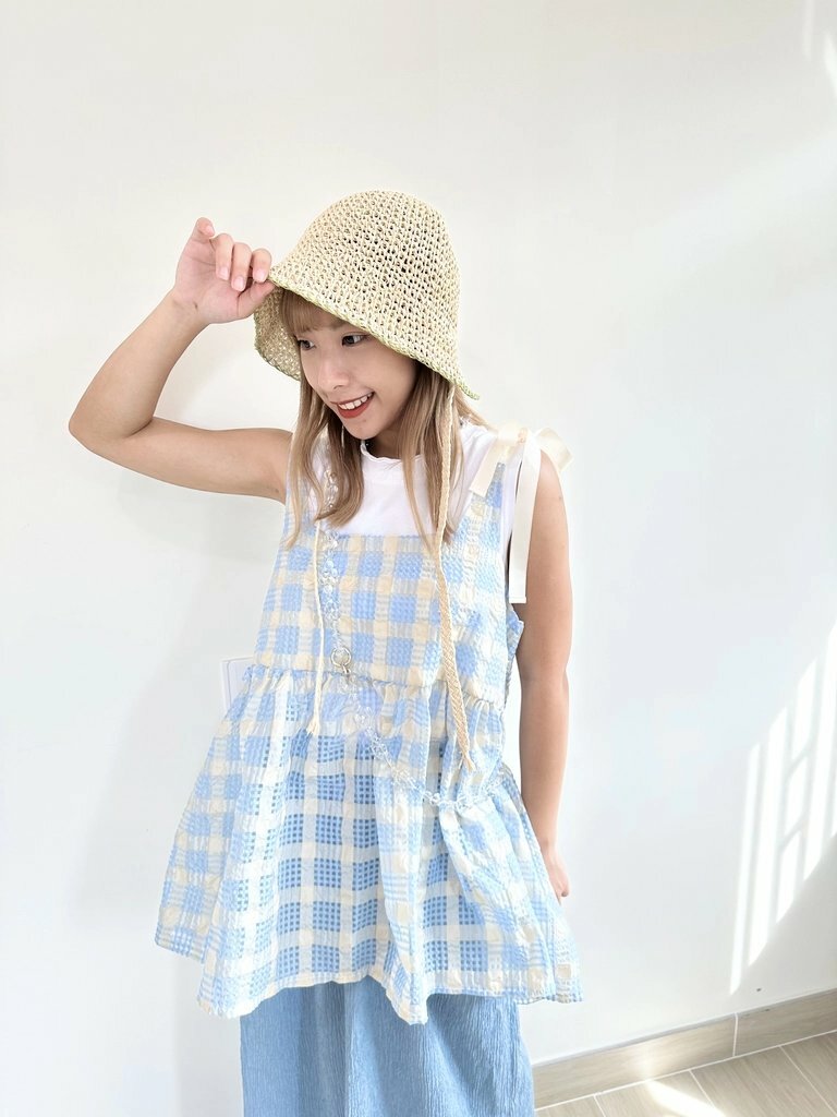 RESTOCK[兩色] 雙蝴蝶拼色格仔布傘傘vest (Blue)