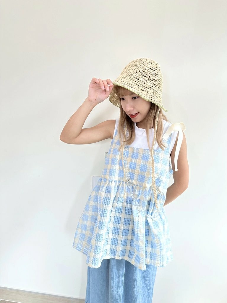 RESTOCK[兩色] 雙蝴蝶拼色格仔布傘傘vest (Blue)