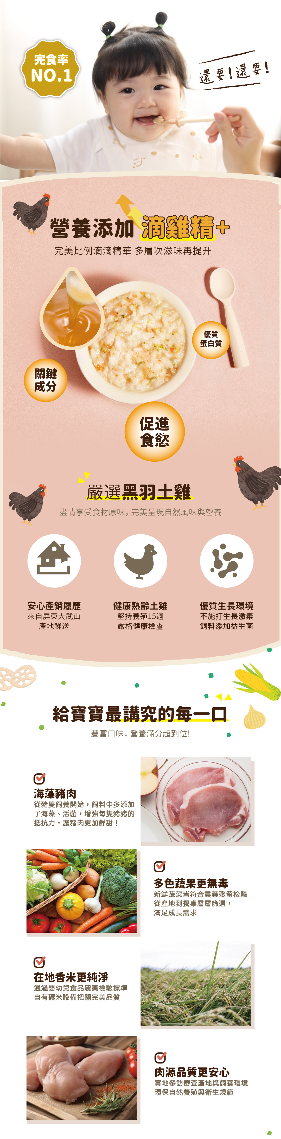 完食率NO.1還要!還要!營養添加 雞精完美比例滴滴精華 多層次滋味再提升優質蛋白質關鍵成分促進食慾嚴選黑羽土雞盡情享受食材原味,完美呈現自然風味與營養安心產銷履歷來自屏東大武山產地鮮送健康熟齡土雞堅持15週嚴格健康檢查優質生長環境不施打生長激素飼料添加益生菌給寶寶最講究的每一口豐富口味,營養滿分超到位!海藻豬肉從豬隻飼養開始,飼料中多添加了海藻、活菌,增強每隻豬豬的抵抗力,讓豬肉更加鮮甜!在地香米更純淨通過嬰幼兒食品農藥檢驗標準自有設備把關完美品質多色蔬果更無毒新鮮蔬菜皆符合農藥殘留檢驗從產地到餐桌層層篩選,滿足成長需求肉源品質更安心實地參訪審查產地與飼養環境環保自然養殖與衛生規範