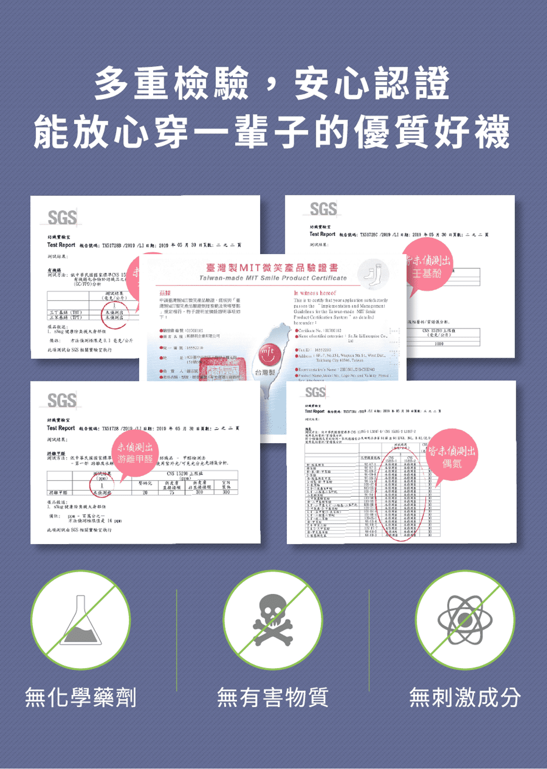 多重檢驗，安心認證 能放心穿一輩子的優質好襪,<無化學藥劑,無有害物質,無刺激成分>