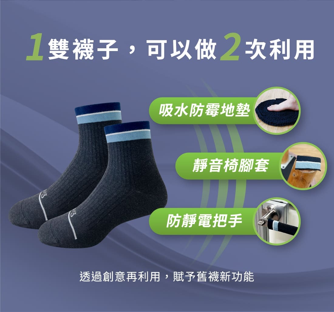 1雙襪子，可以做2次利用<吸水防霉地墊,靜音椅腳套,防靜電把手>,透過創意再利用，賦予舊襪新功能